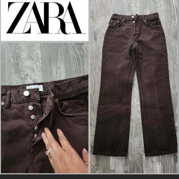 Zara Dark Brown Straight Leg Denim Jeans with Button-Fly Women Size 4 - Picture 1 of 6